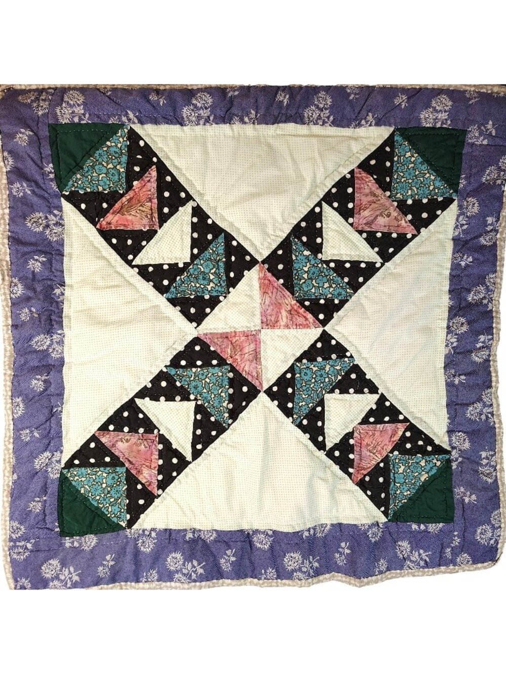 Patchwork Quilt Table Topper 28" Square Handmade Star Blue Pink Floral